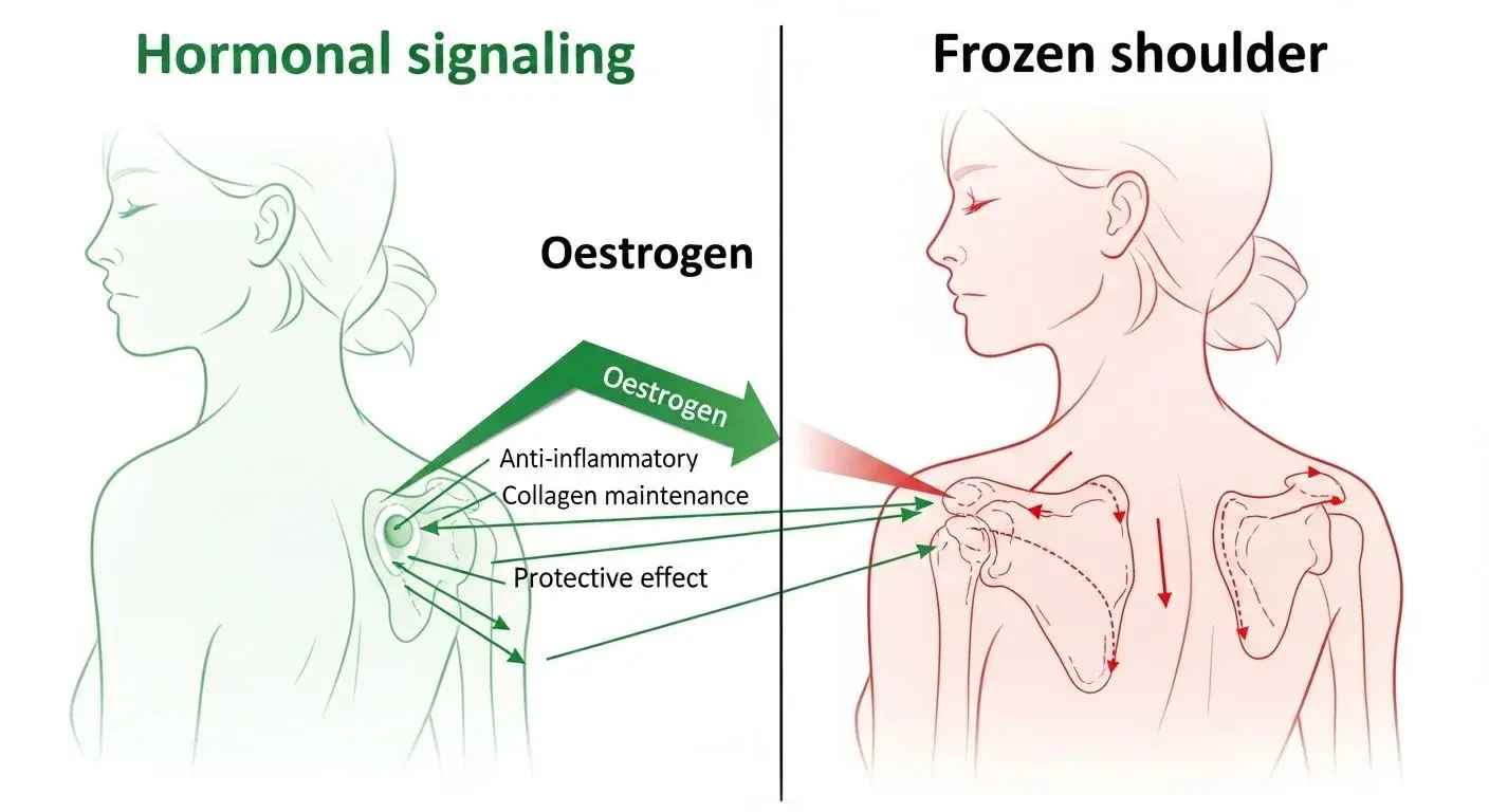 Medical illustration of healthy versus frozen shoulder capsule showing estrogen's role