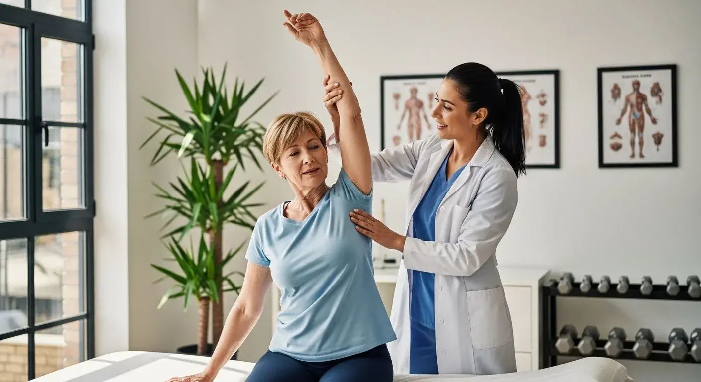 Woman receiving physiotherapy for frozen shoulder during menopause