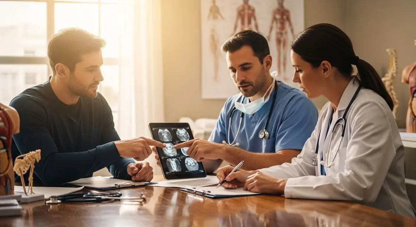 Multidisciplinary care team discussing frozen shoulder treatment