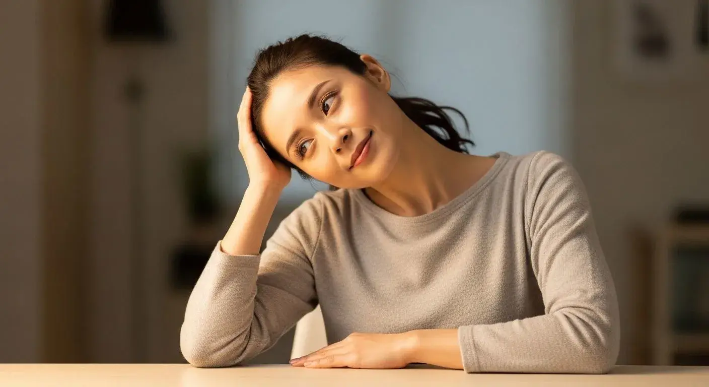 Woman stretching stiff neck and shoulder muscles at her desk