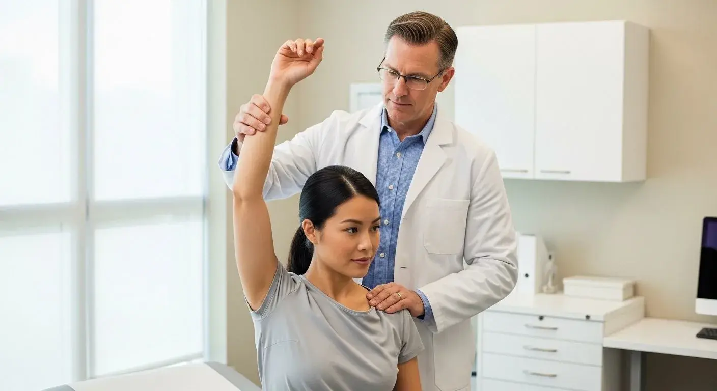 Orthopaedic shoulder specialist examining patient range of motion