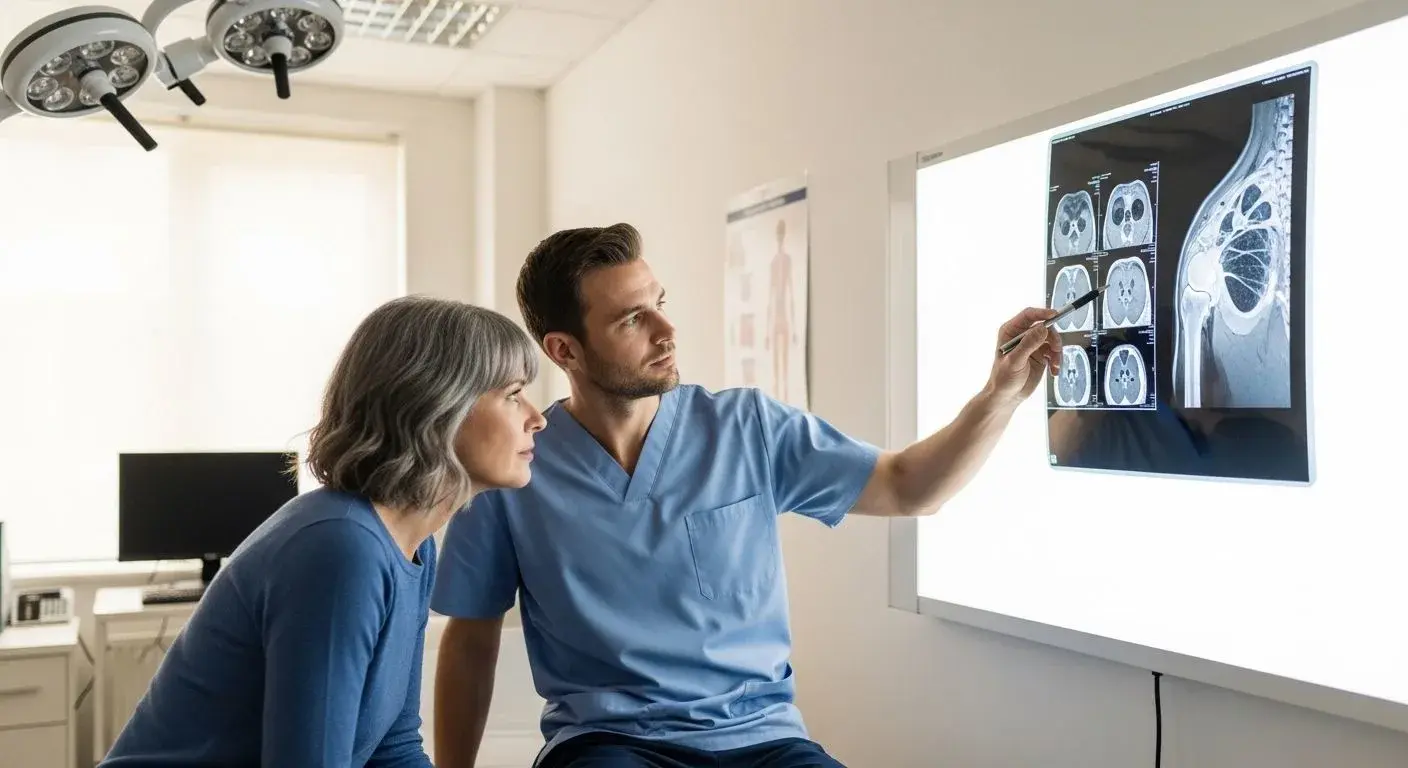 Shoulder specialist reviewing MRI scan with patient