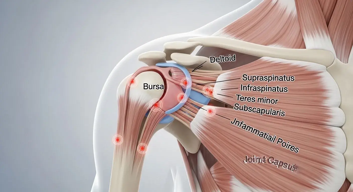 Shoulder anatomy showing bursitis and rotator cuff tendon inflammation