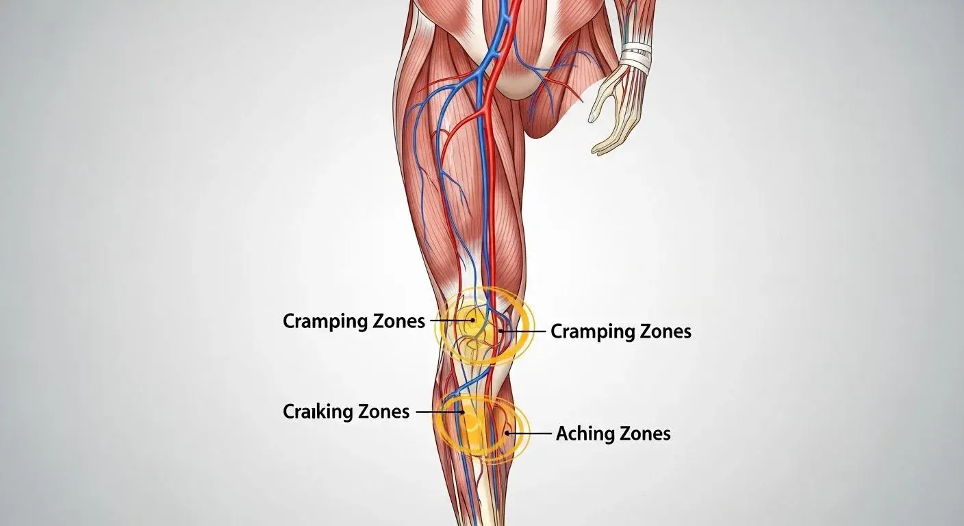 Leg anatomy showing areas affected by menopause leg cramps and pain