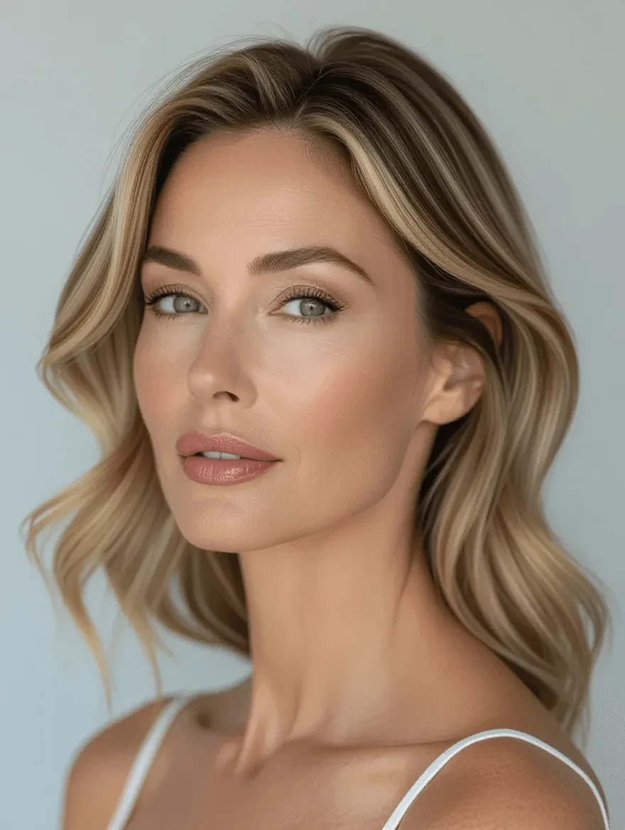 Woman in her 40s demonstrating proper eye makeup placement for mature hooded eyelids