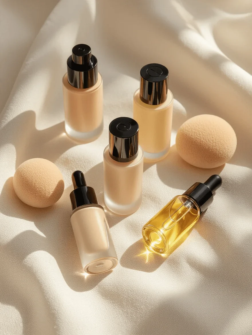 Age defying makeup products and application tools for menopausal skin including hydrating foundation and facial oils