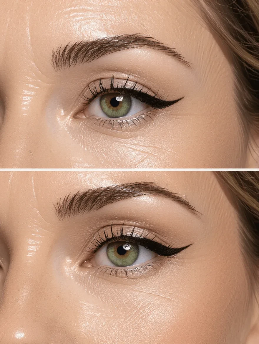 Comparison of black eyeliner application techniques on mature eyes