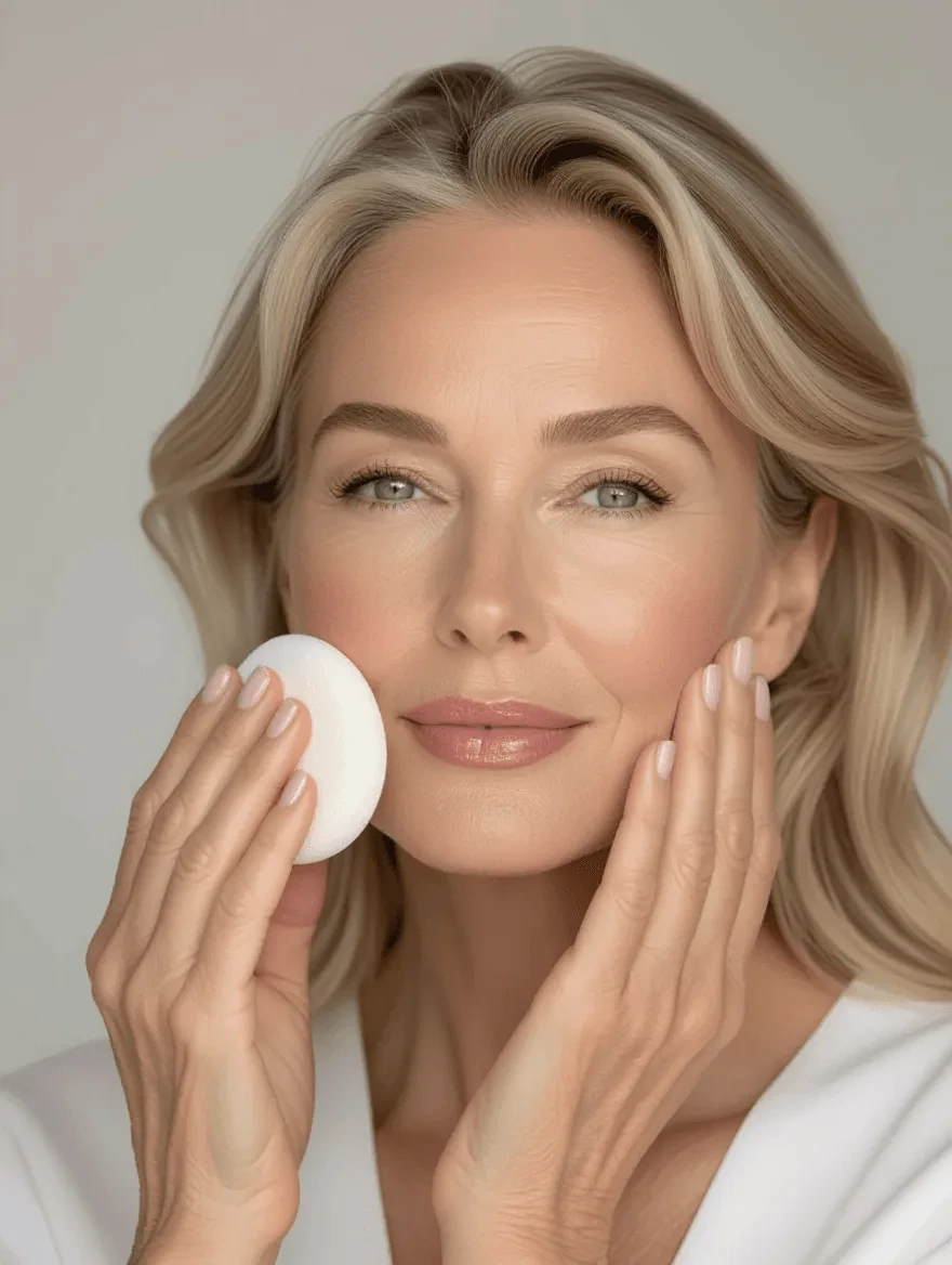 Demonstration of proper gentle patting application technique for mature skin over 40