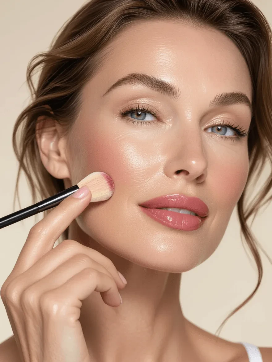 Demonstration of proper cream blush application technique on mature skin showing upward placement and blending