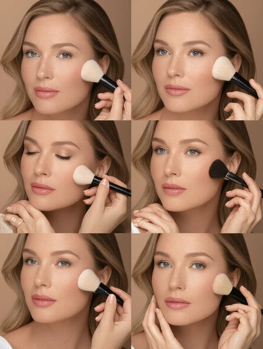 Proper blush application technique showing lifted placement on mature skin