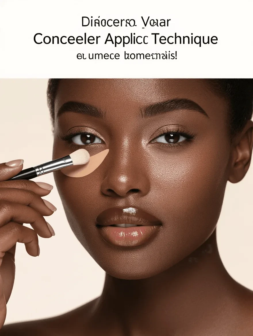 Demonstration of proper concealer application technique on dark brown skin showing pressing method