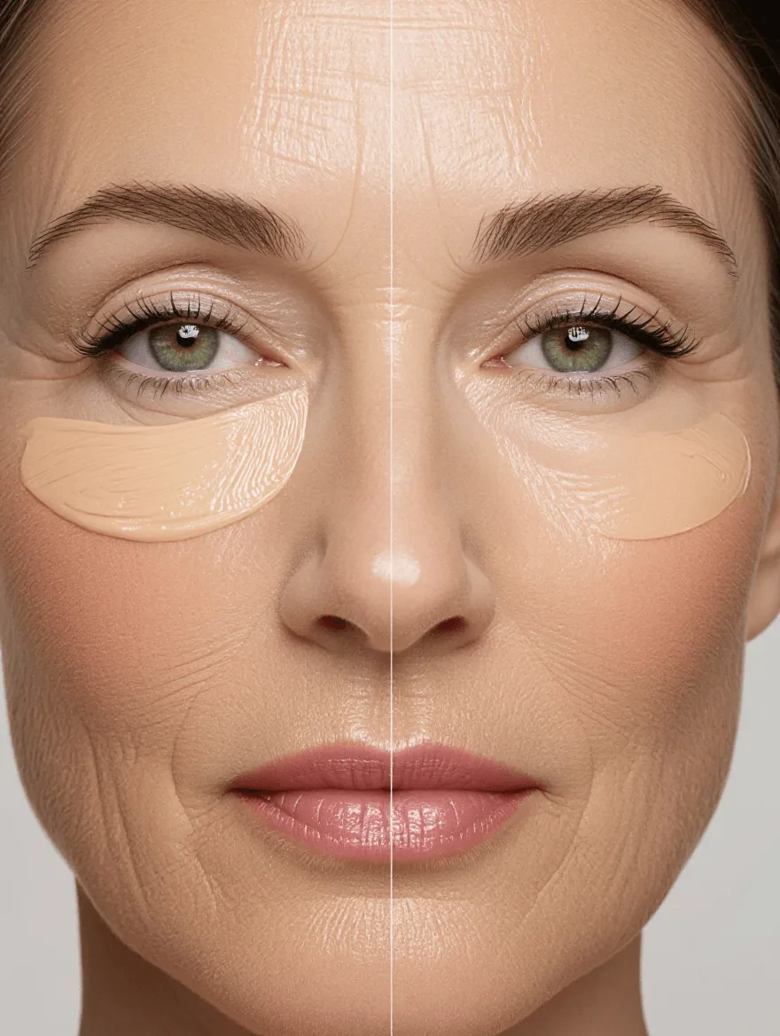 Comparison showing under-eye concealer with and without proper hydrating primer on mature skin