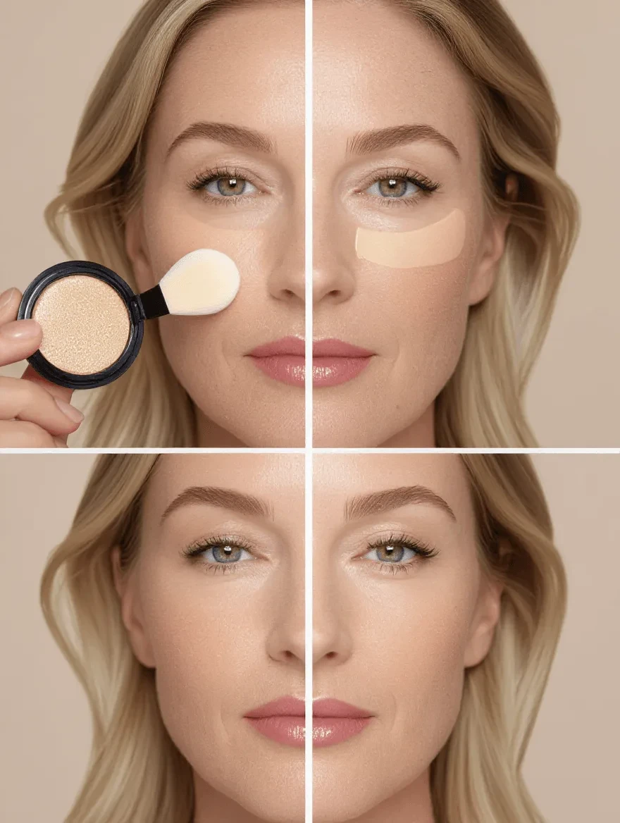 Comparison of concealer wear showing regular versus waterproof formula during hot flash