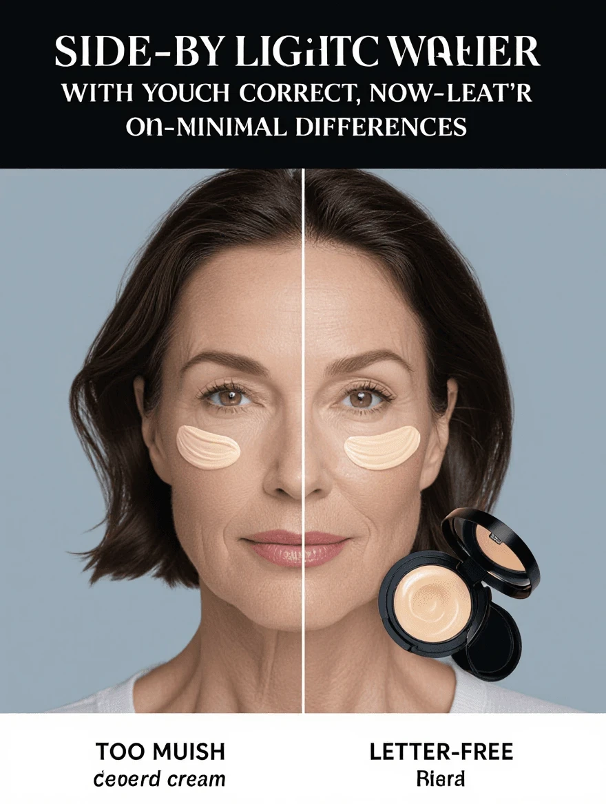 Comparison of cream concealer application showing heavy versus light coverage on mature facial skin