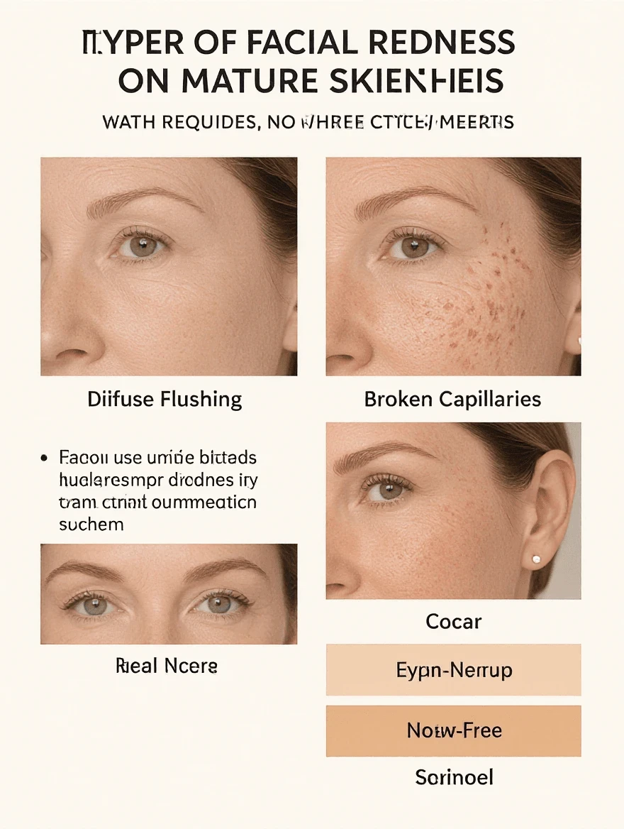 Close-up comparison of different types of facial redness including broken capillaries and rosacea on mature skin