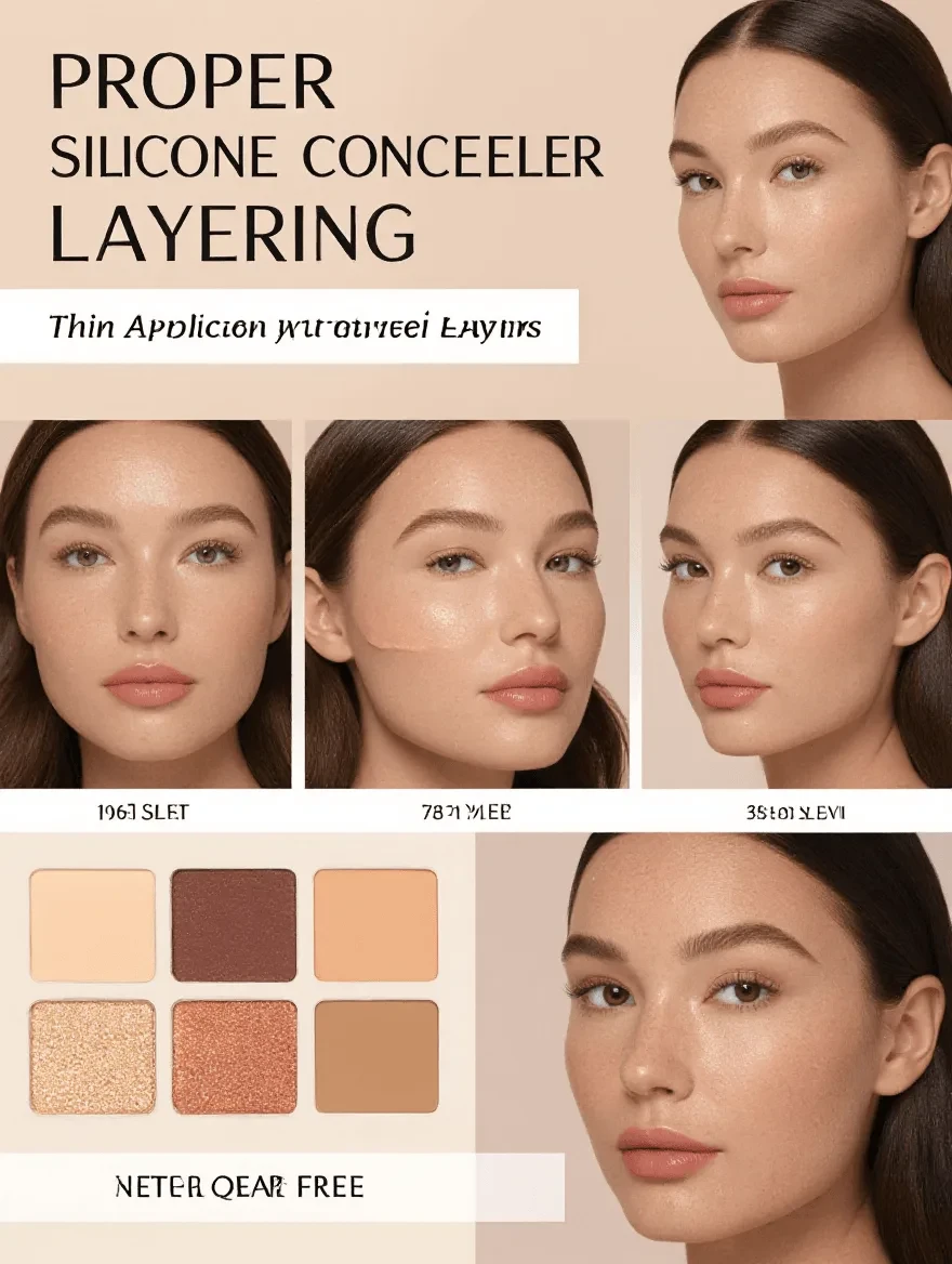 Step-by-step silicone concealer application technique with thin layers