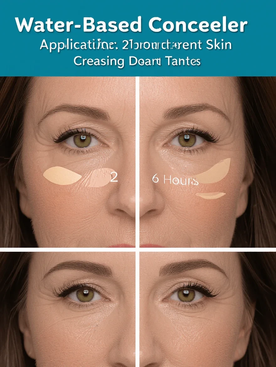 Time-lapse comparison showing water-based concealer wear on mature skin throughout the day