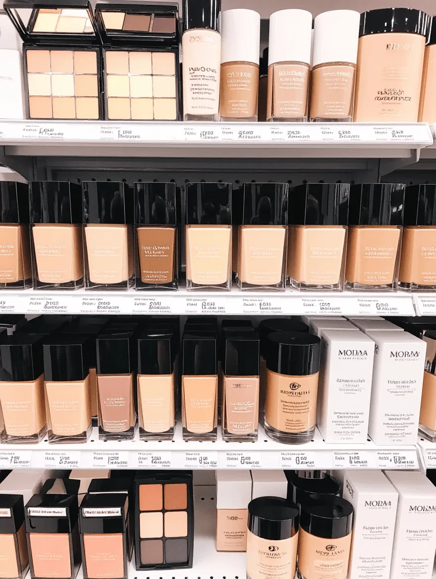 Drugstore shelf showing clean foundation options at accessible prices