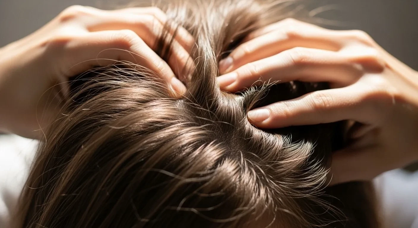 Woman performing scalp massage as part of non hormonal hair loss treatment routine