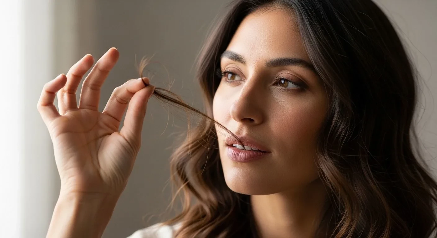 Woman examining hair thinning during menopause while considering biotin supplements
