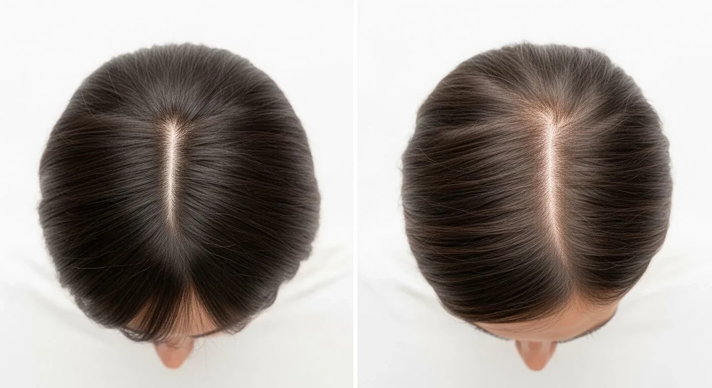 Comparison of healthy hair density versus crown thinning typical of menopause-related hair loss