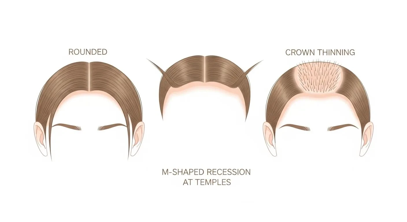Illustration of different female hairline types including healthy, receding at temples, and thinning at crown