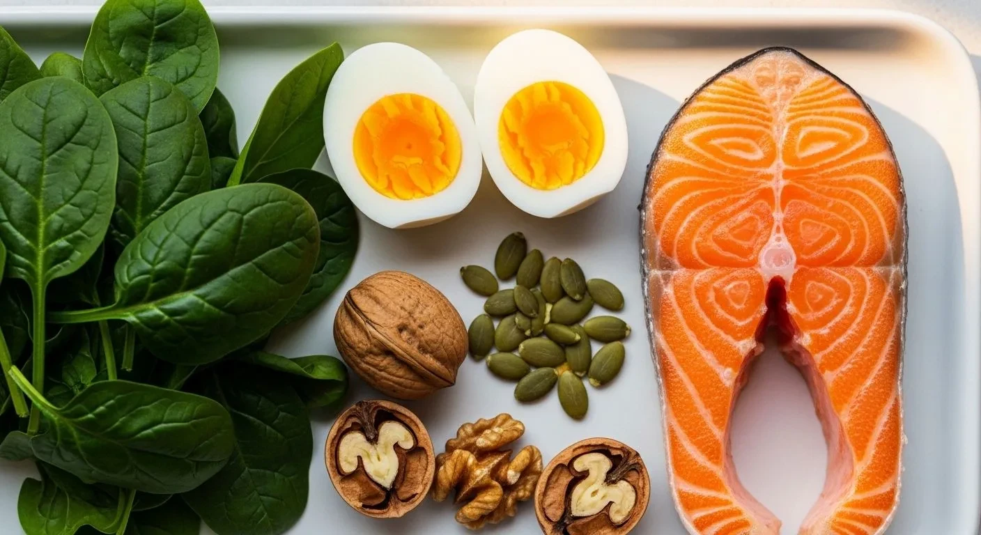 Nutrient-rich foods including salmon, eggs, spinach and seeds that support hair regrowth after hysterectomy