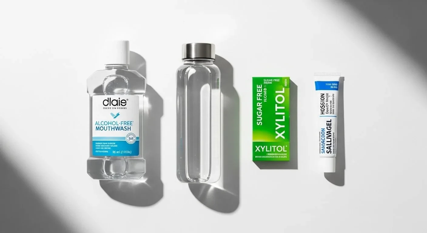 Products to relieve dry mouth during menopause including saliva gels and alcohol-free rinses