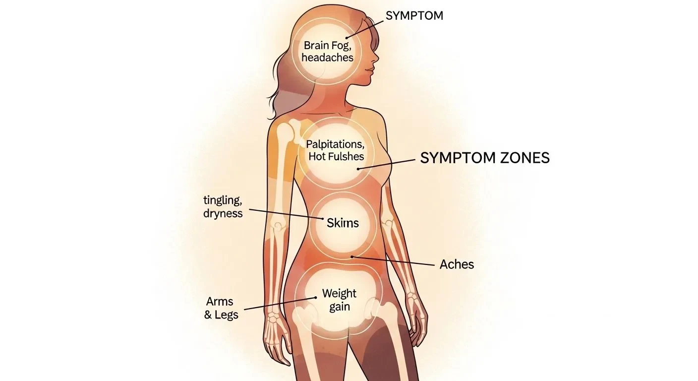 Illustration showing 30 menopause symptoms mapped across different areas of the body