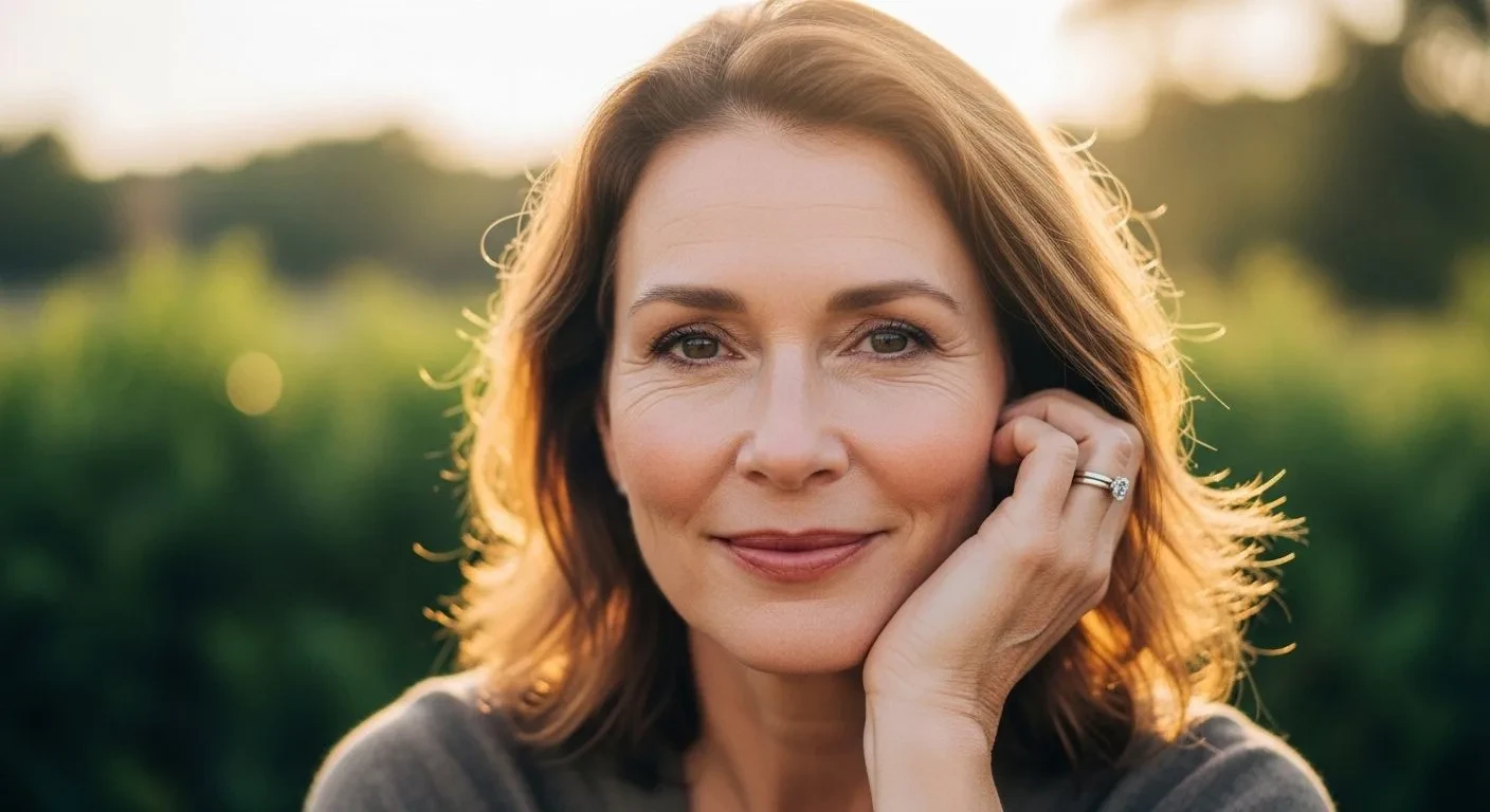 Woman experiencing late menopause with visibly healthy skin in her late 50s