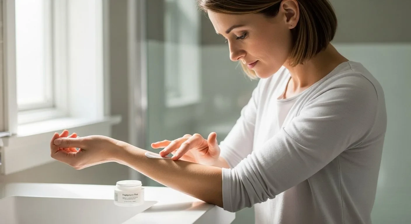 Woman applying topical nerve itch treatment to skin