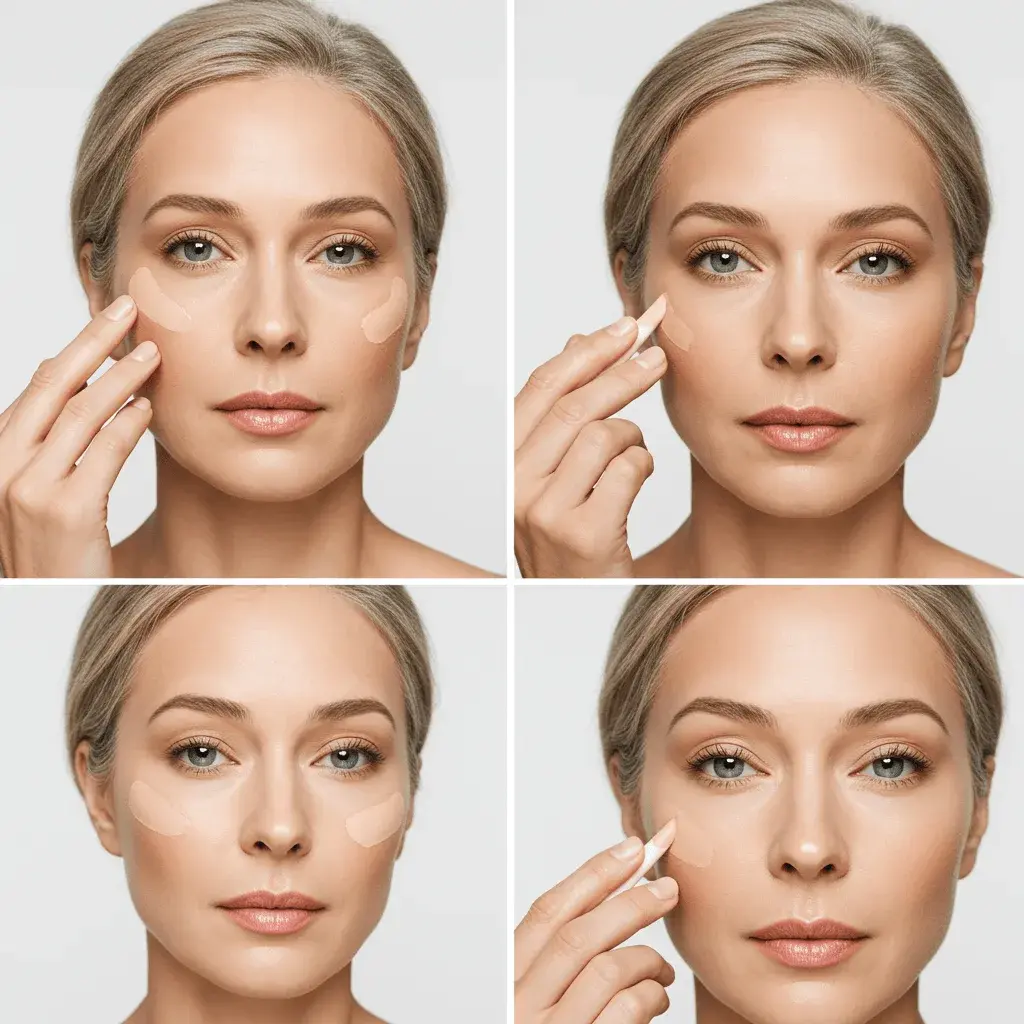 Visual guide showing different color correctors and their uses for mature skin concerns including age spots, rosacea, and under-eye circles