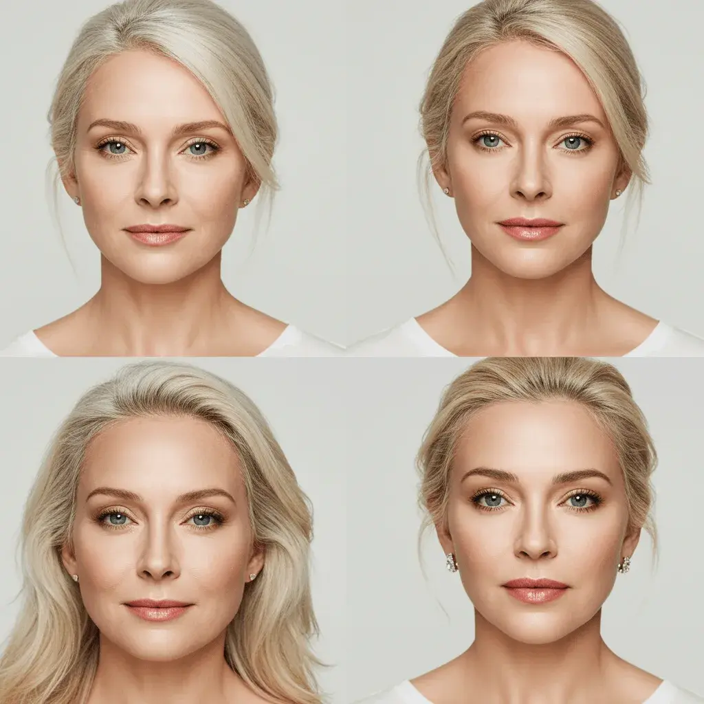 Collection of makeup looks showcasing natural enhancement techniques for mature women during menopause, featuring everyday and special occasion styles