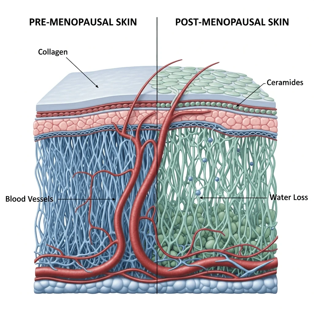 Medical illustration comparing healthy pre-menopausal skin and post-menopausal skin with thinner collagen and dehydrated cells