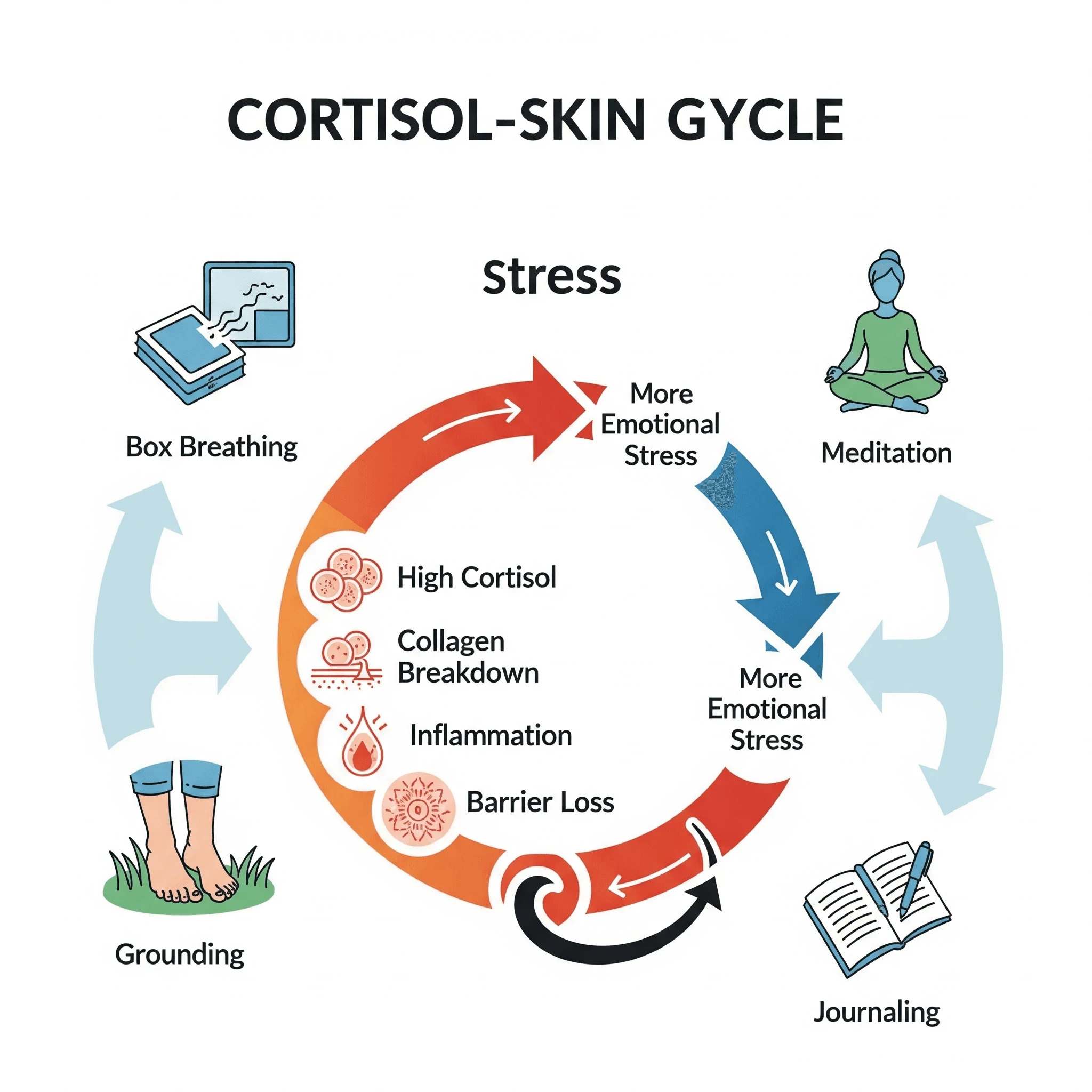 Infographic showing the feedback loop between stress hormones, collagen breakdown, inflammation, and visible menopausal skin changes.