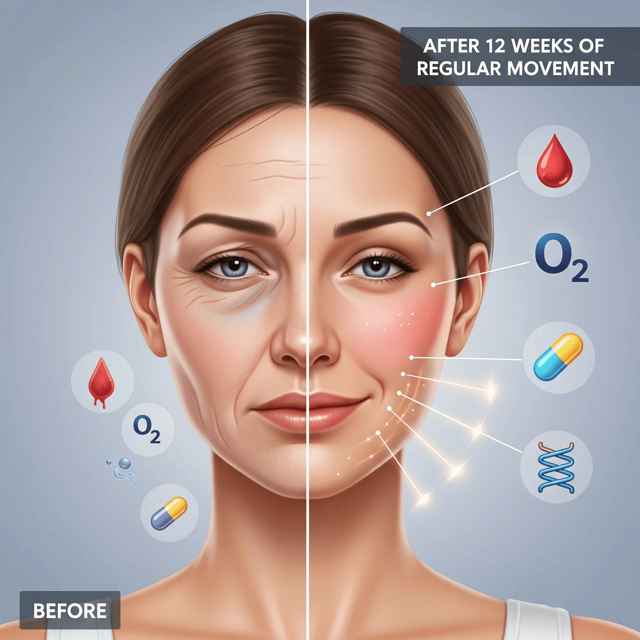 Illustration comparing sedentary and active menopausal skin, highlighting blood flow and collagen improvement after regular exercise