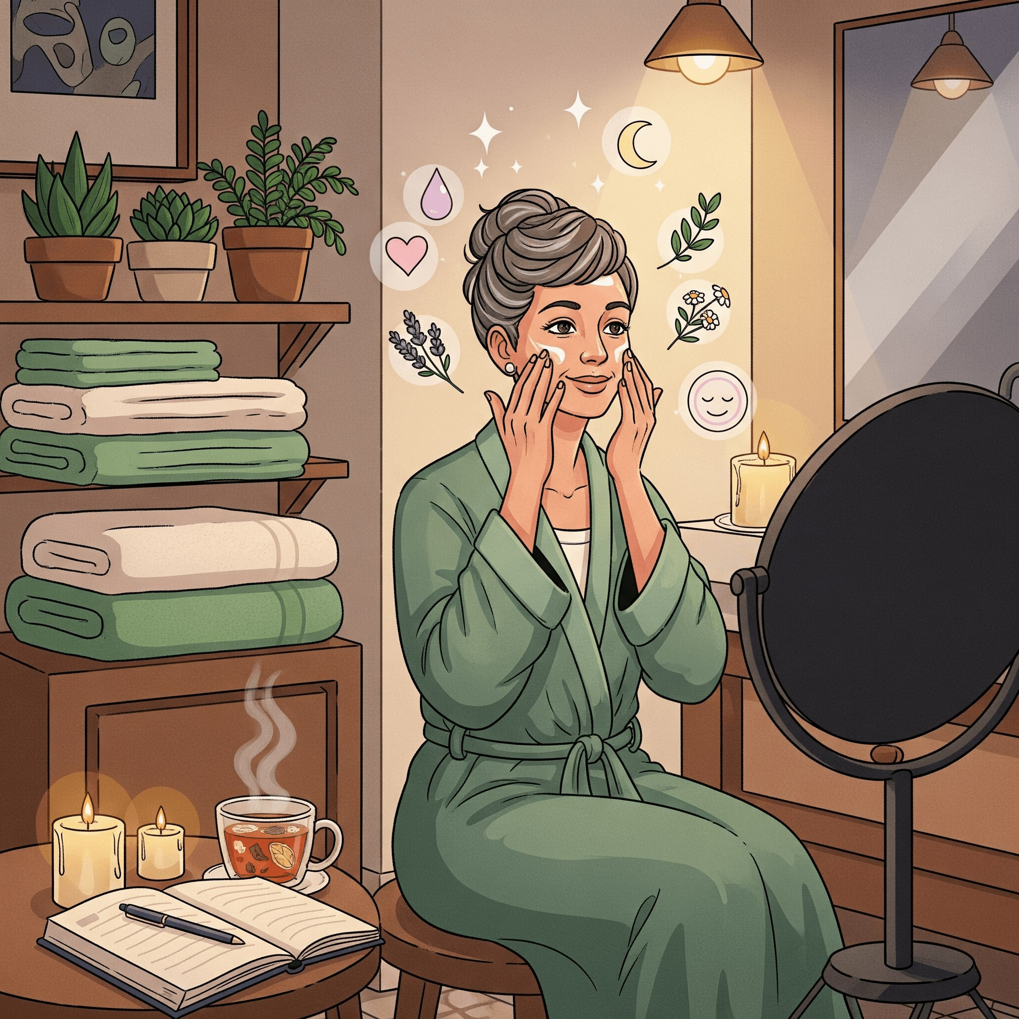 Illustration of a menopausal woman enjoying her evening self-care ritual with skincare, tea, and peaceful environment