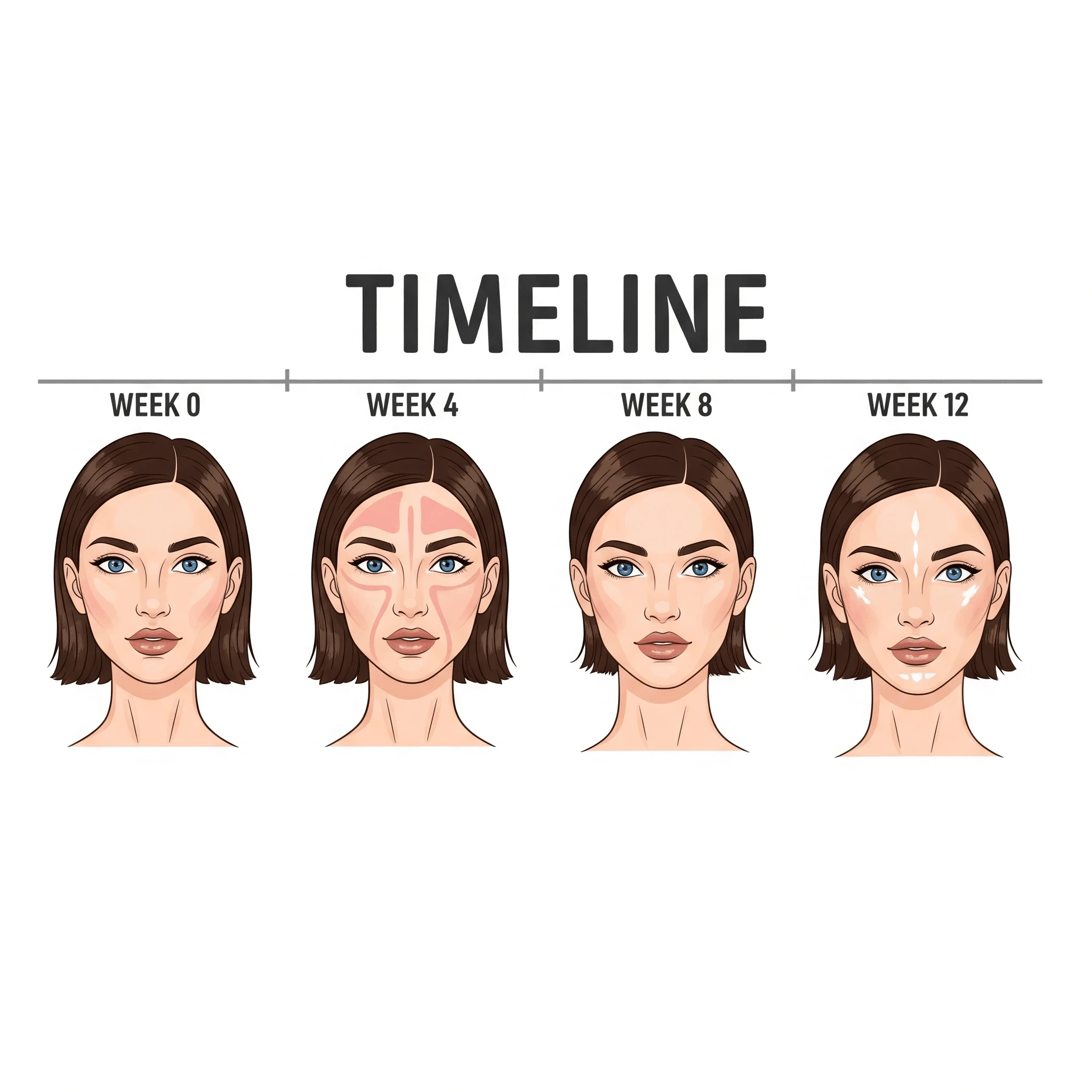 Timeline illustration of a menopausal woman’s facial transformation over 12 weeks using all 7 holistic beauty pillars