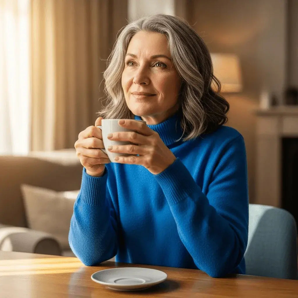 Middle-aged woman reflecting with tea, hopeful at home during menopause