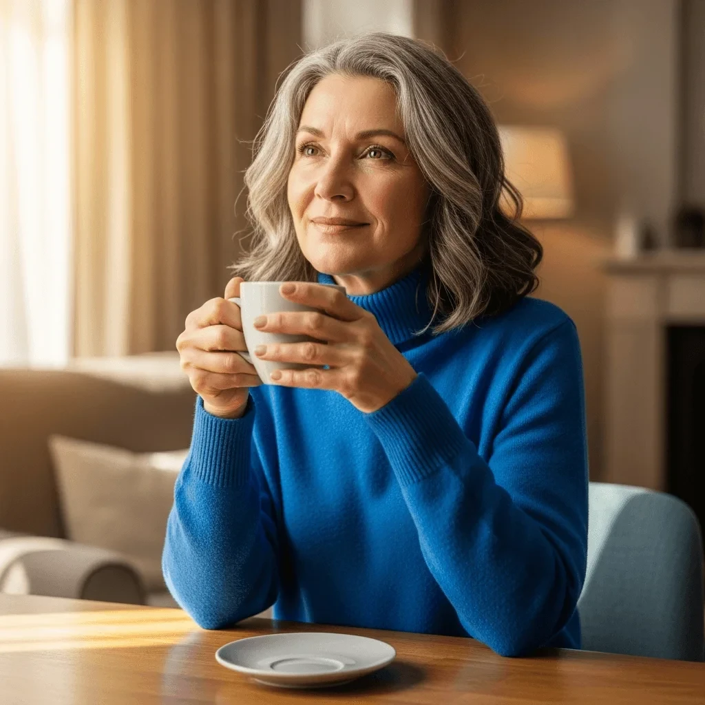 Middle-aged woman reflecting with tea, hopeful at home during menopause