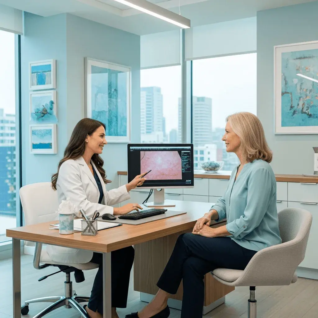 Dermatologist and middle-aged woman discussing professional menopause treatments