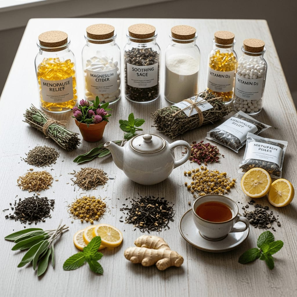 Table with menopause herbal remedies and natural treatments