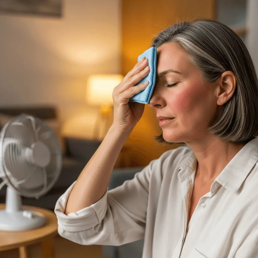 Mature woman using a cool compress during a hot flush episode in menopause