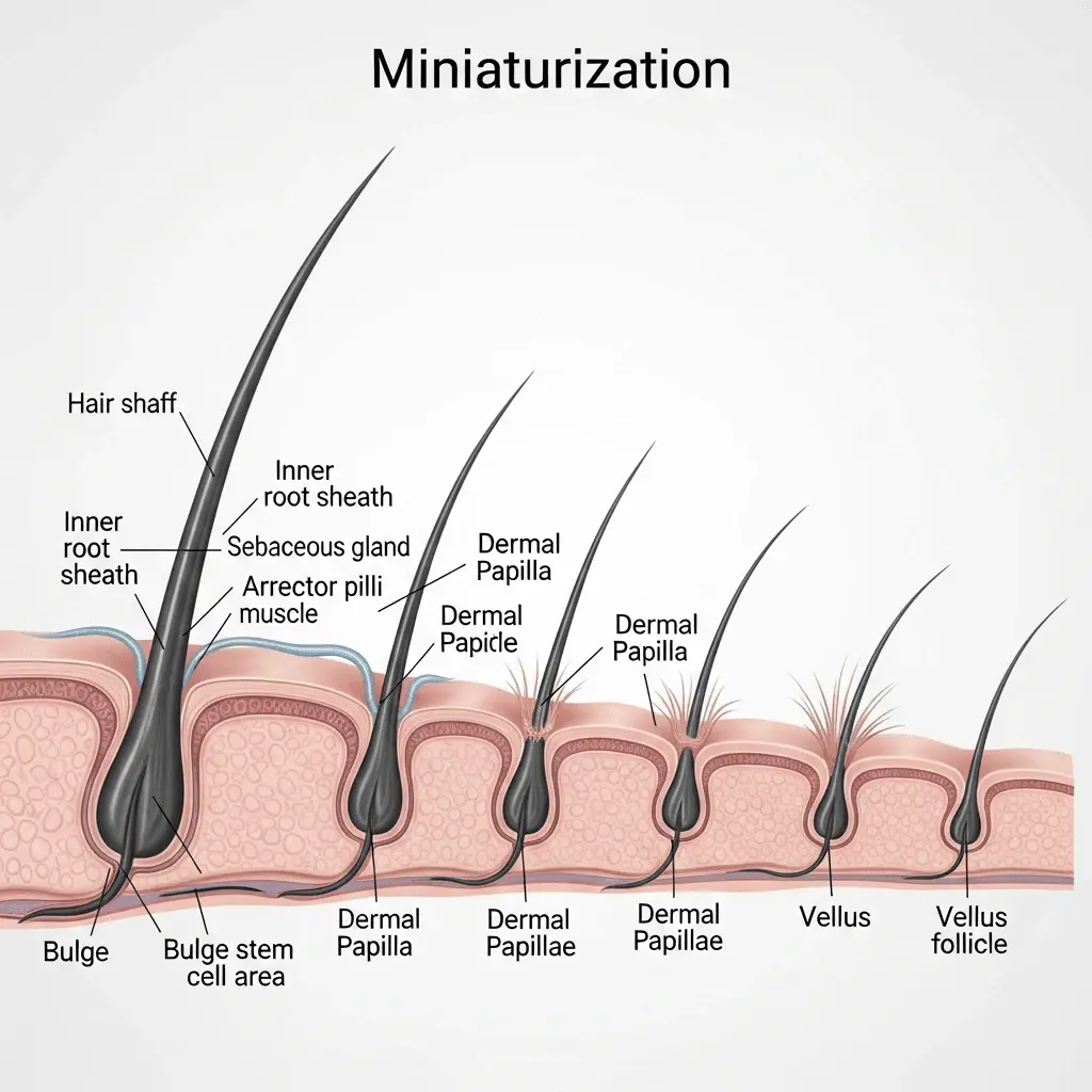 Medical diagram of hair follicle miniaturization during menopause