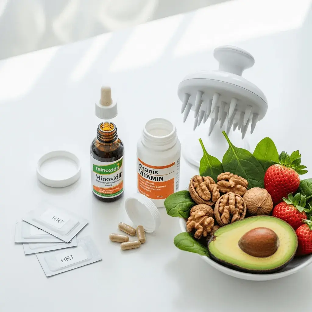 Collection of menopause hair loss treatments and supplements