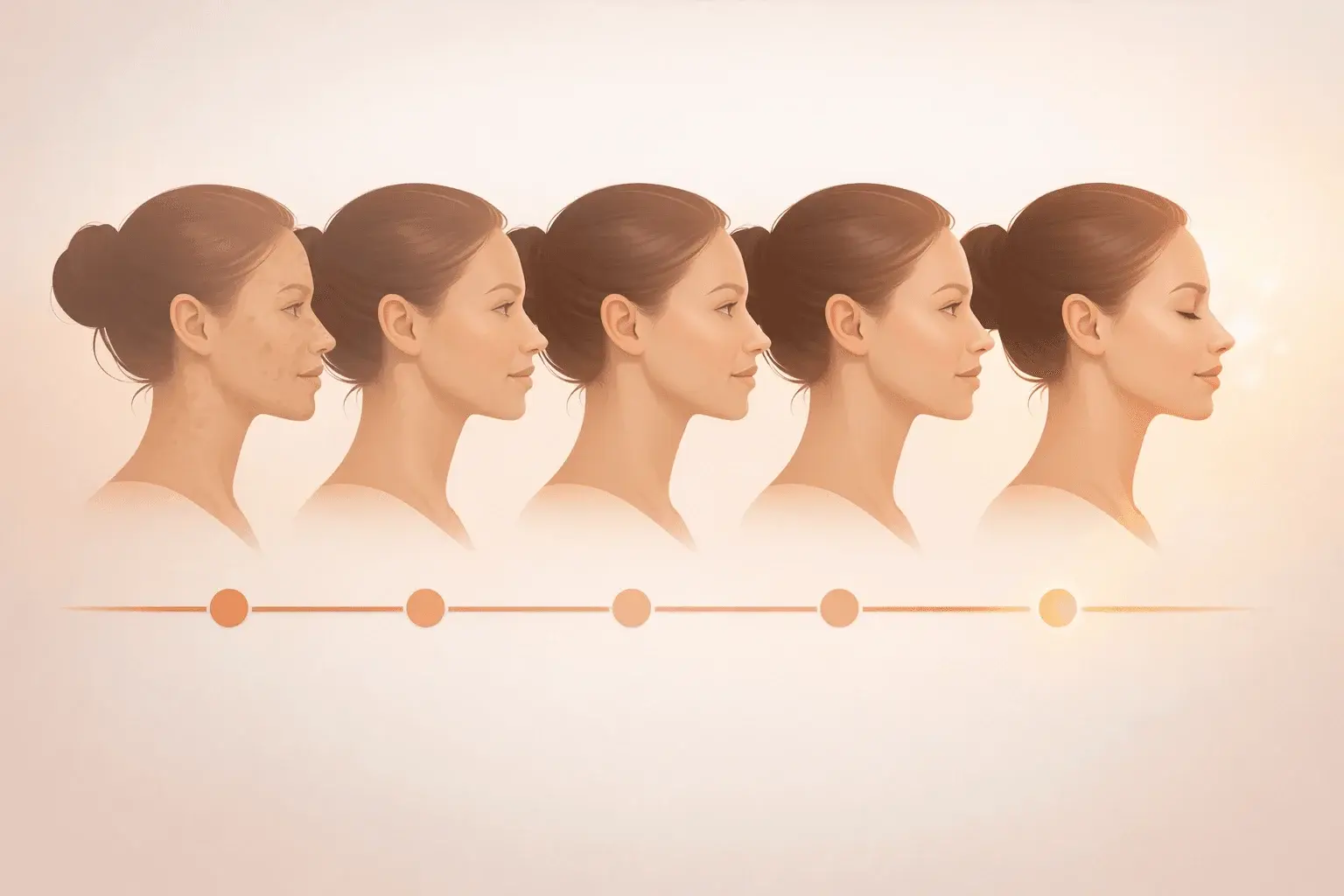 Visual timeline illustration showing gradual skin improvement stages over time using facial profile silhouettes
