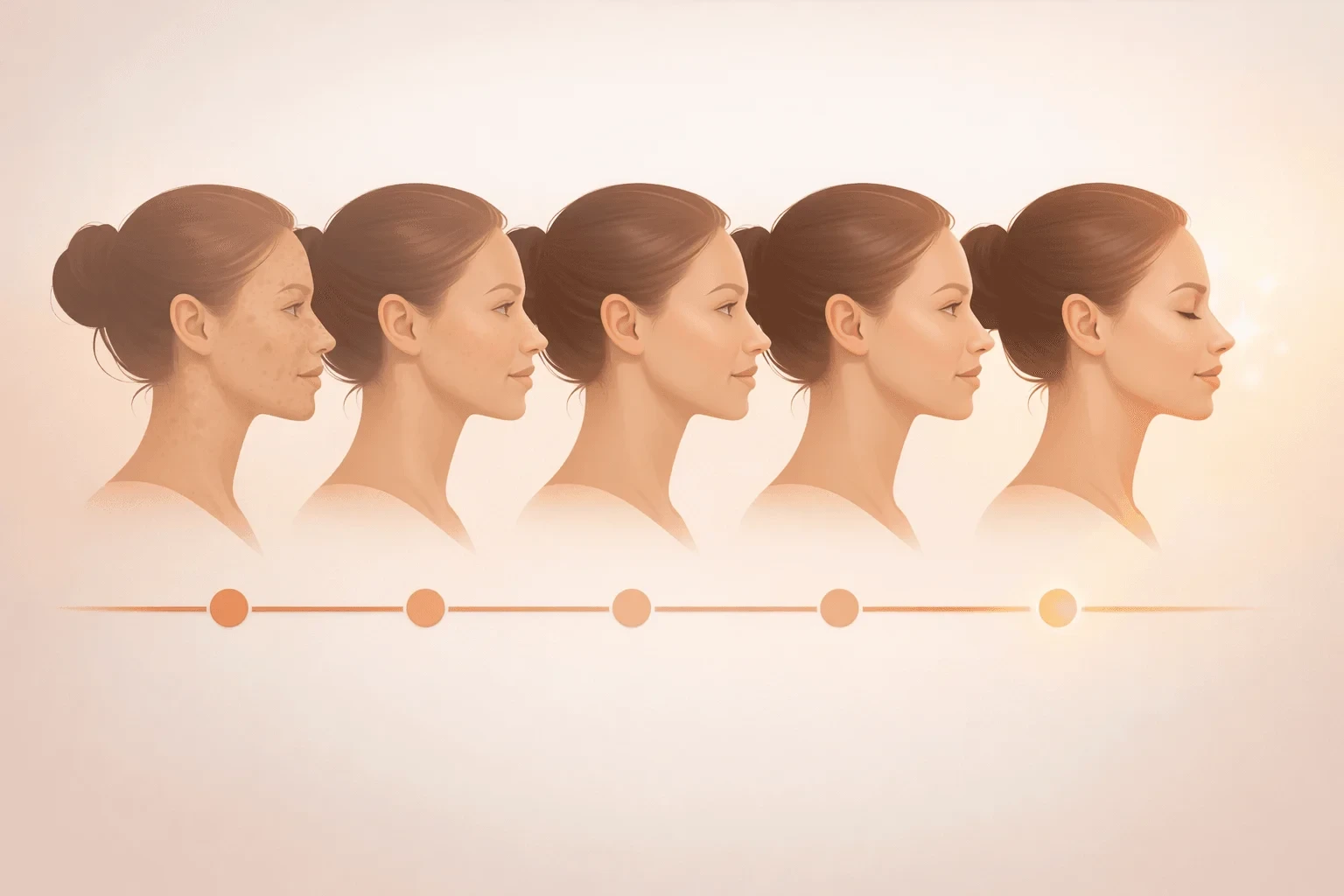 Visual timeline illustration showing gradual skin improvement stages over time using facial profile silhouettes