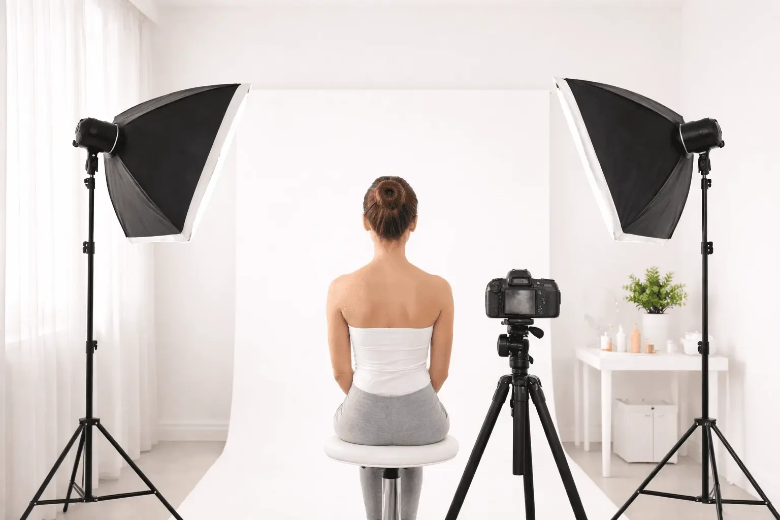 Side-by-side photography setup demonstrating consistent lighting and camera positioning for skincare progress tracking
