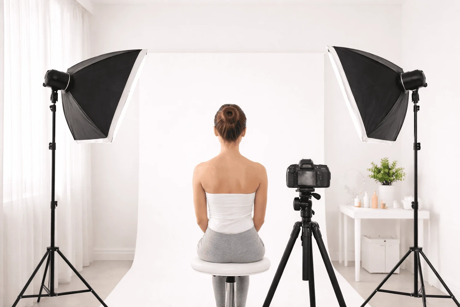 Side-by-side photography setup demonstrating consistent lighting and camera positioning for skincare progress tracking