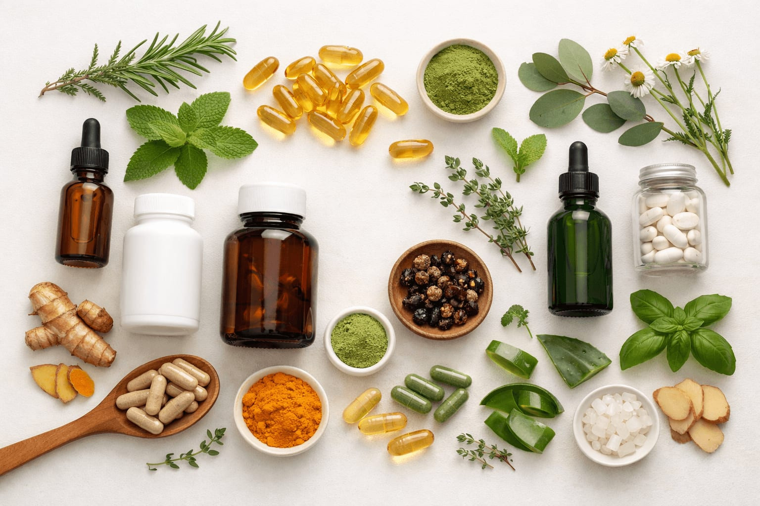 Flat lay of supplement bottles, omega-3 capsules, fresh herbs, and natural ingredients arranged on a white surface with soft light